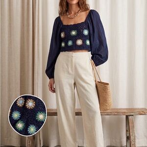 Aerie Crochet 100% Cotton Sleeve Cropped Blouse with Multicolor Floral Motif